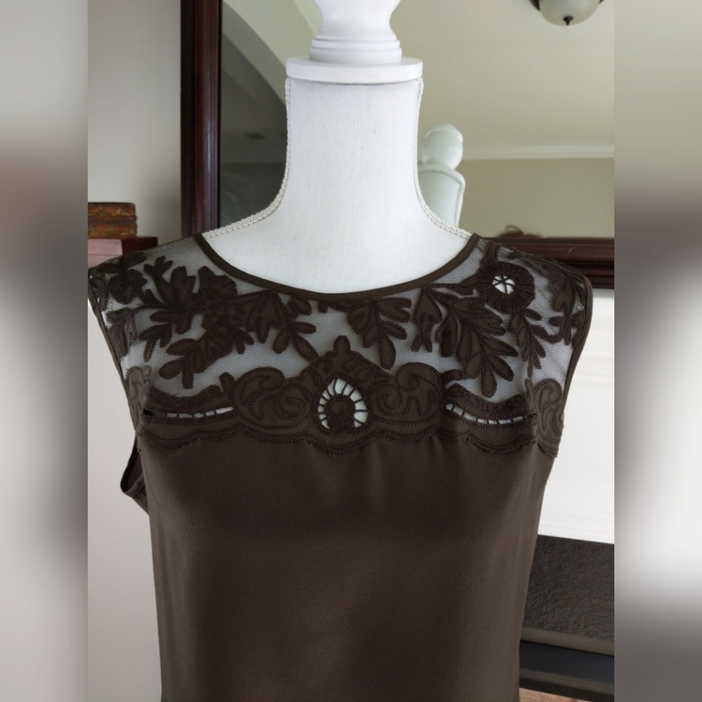 Ann Taylor Brown Embroidered Mesh Yoke Shell